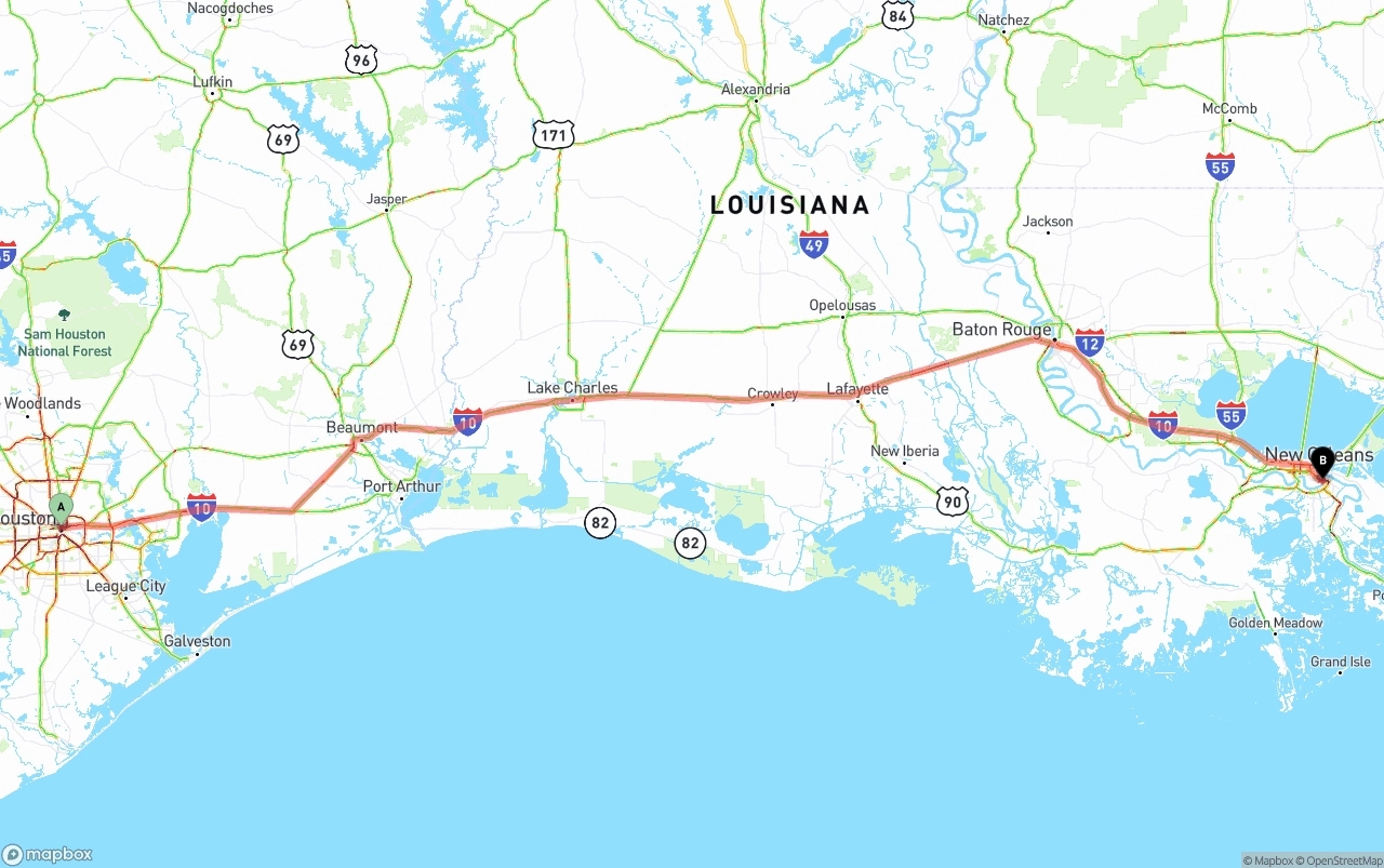 Shipping route from Houston to Port of New Orleans