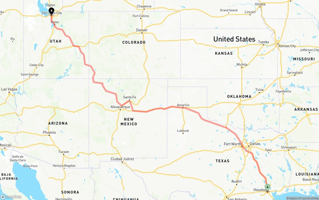 Shipping route from Houston to Salt Lake City