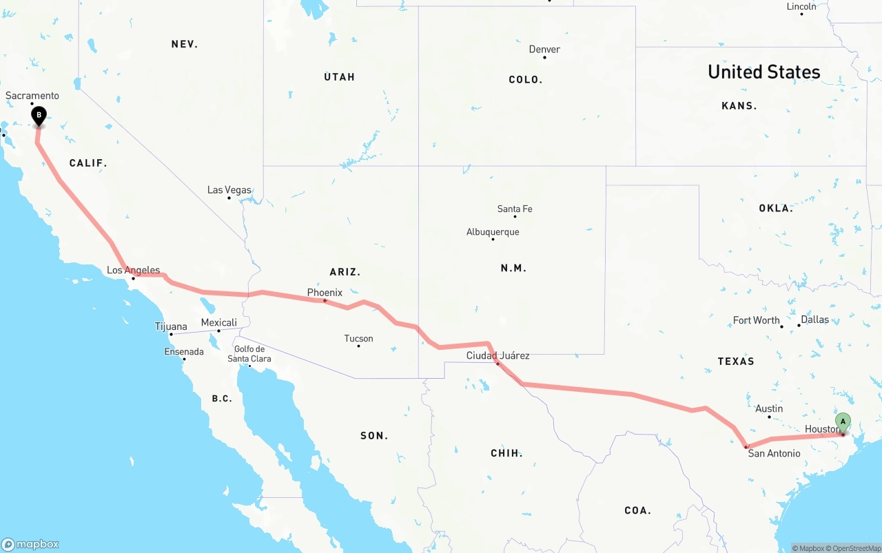 Shipping route from Houston to Stockton