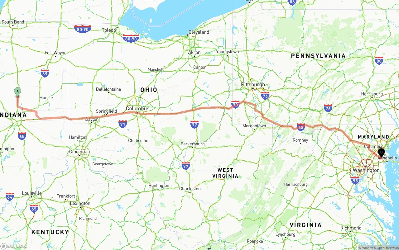Shipping route from Indiana to Maryland