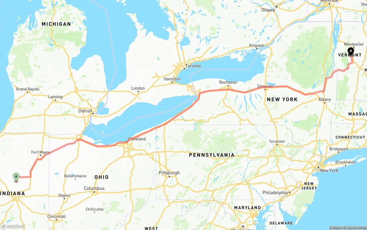Shipping route from Indiana to Vermont