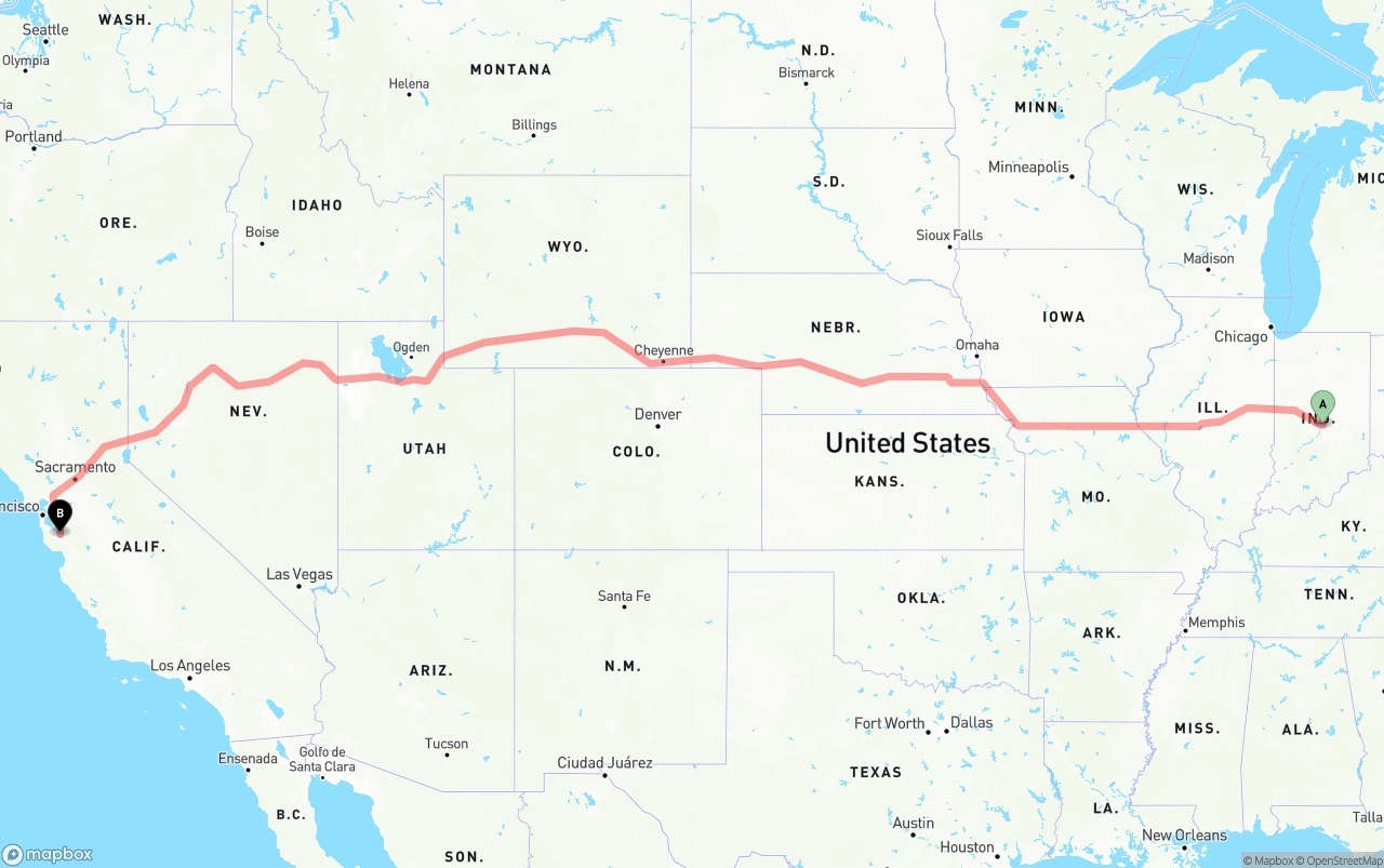 Shipping route from Indianapolis to San Jose