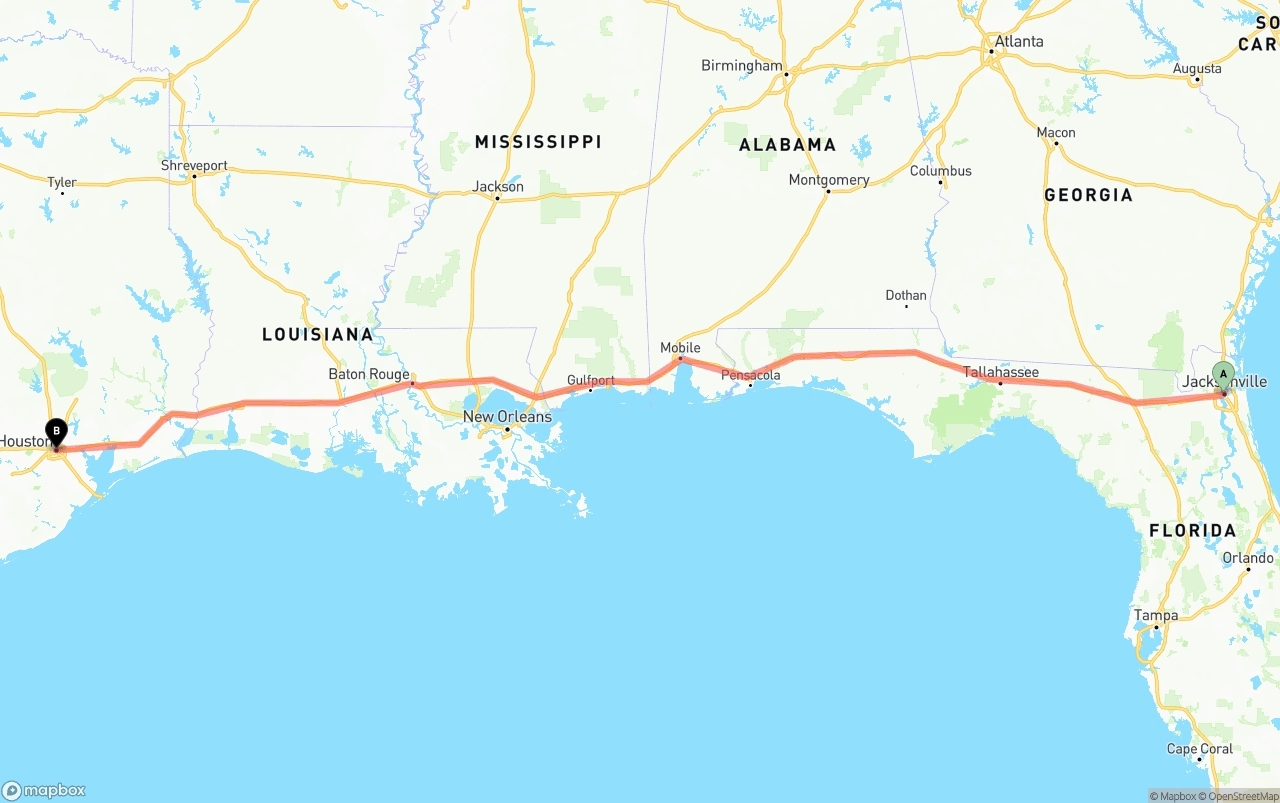 Shipping route from Jacksonville to Houston