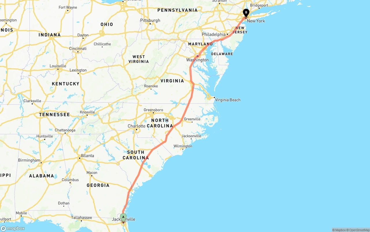 Shipping route from Jacksonville to New York City