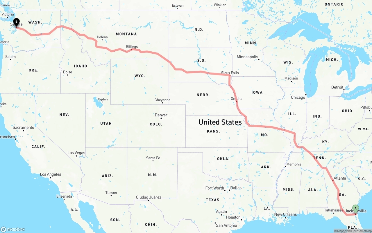 Shipping route from Jacksonville to Seattle