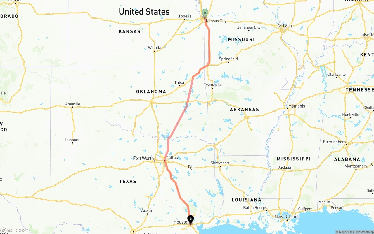 Shipping route from Kansas City to Houston
