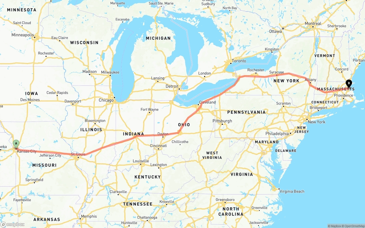 Shipping route from Kansas City to Port of Boston