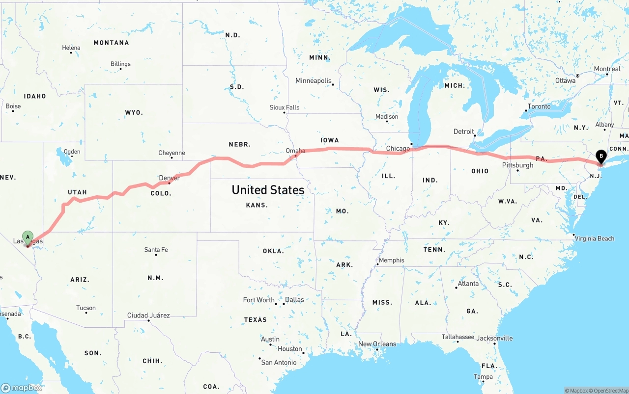 Shipping route from Las Vegas to New York City