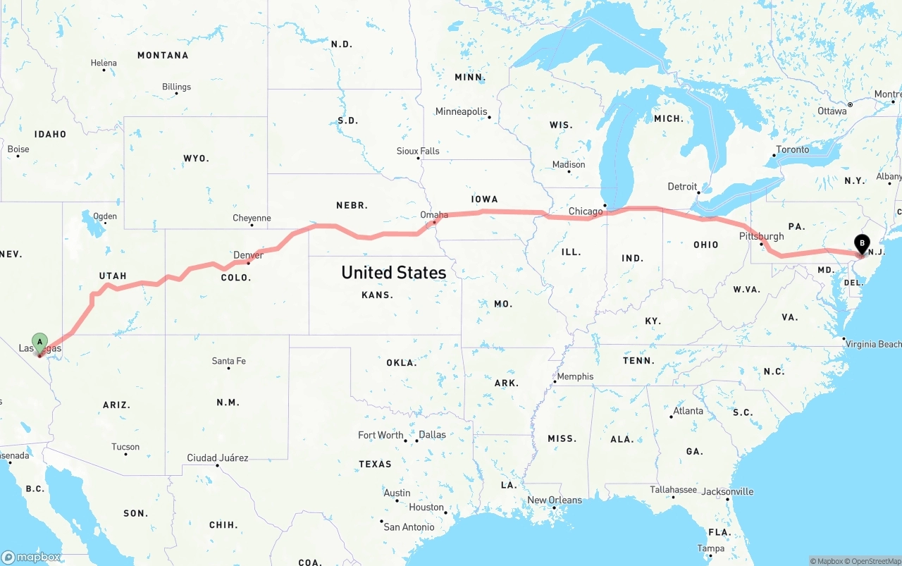 Shipping route from Las Vegas to Port of Philadelphia