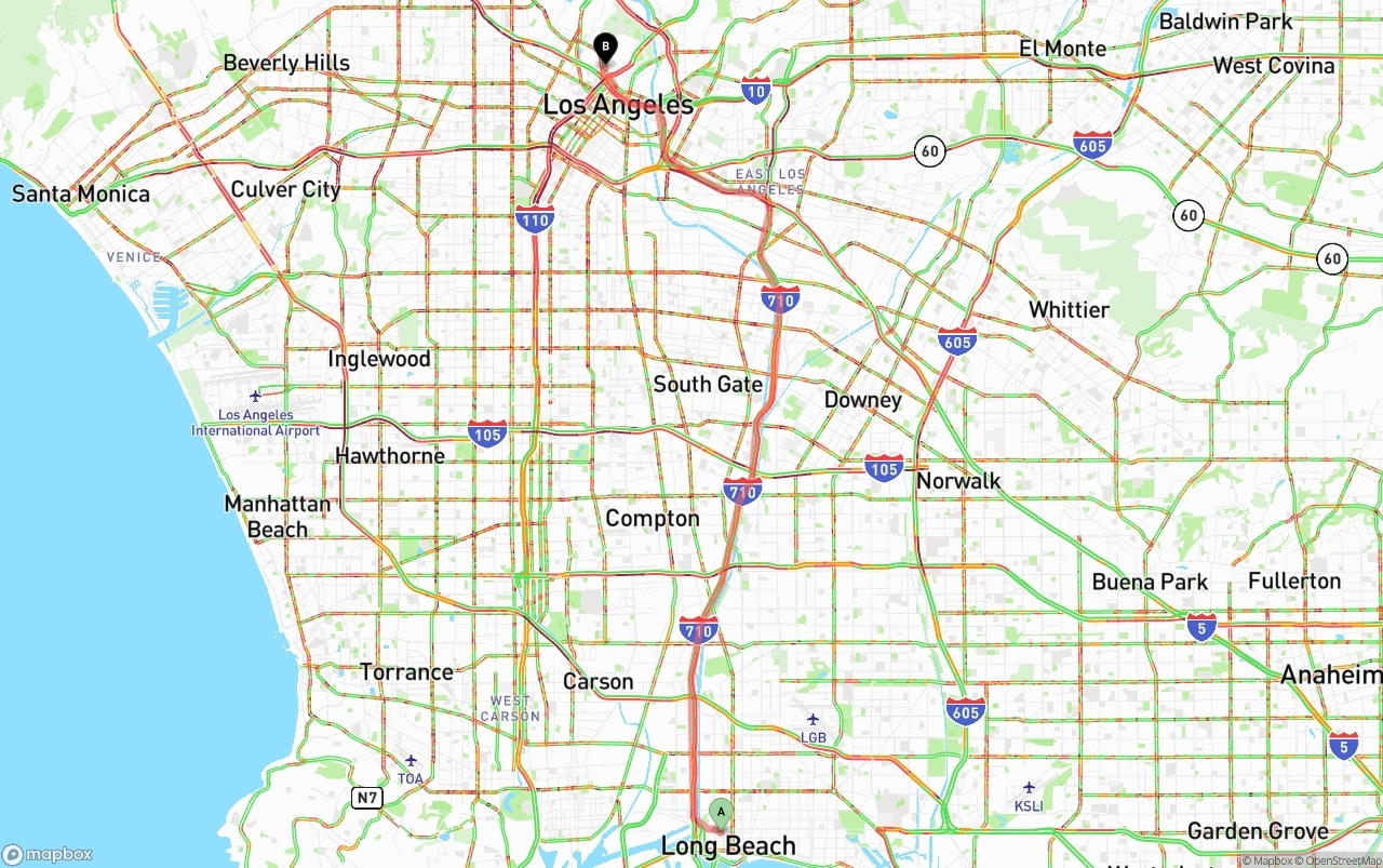Shipping route from Long Beach to Los Angeles