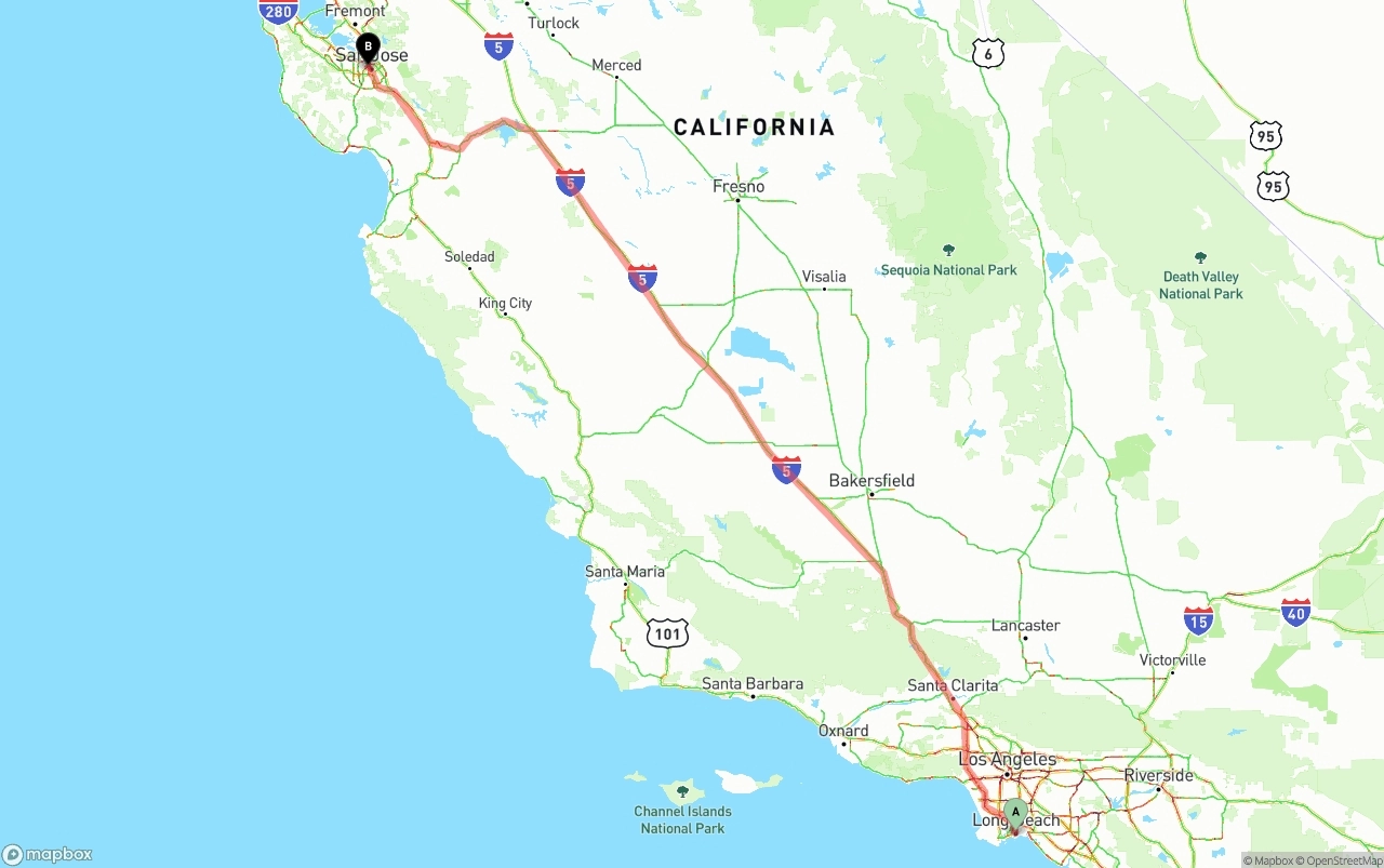 Shipping route from Long Beach to San Jose