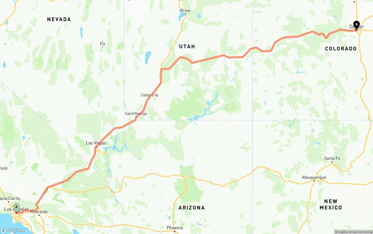 Shipping route from Los Angeles to Denver