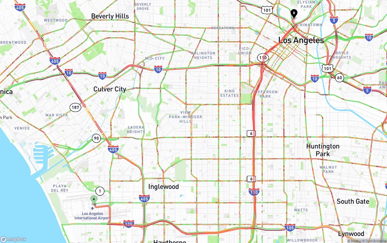 Shipping route from Los Angeles International Airport to Los Angeles