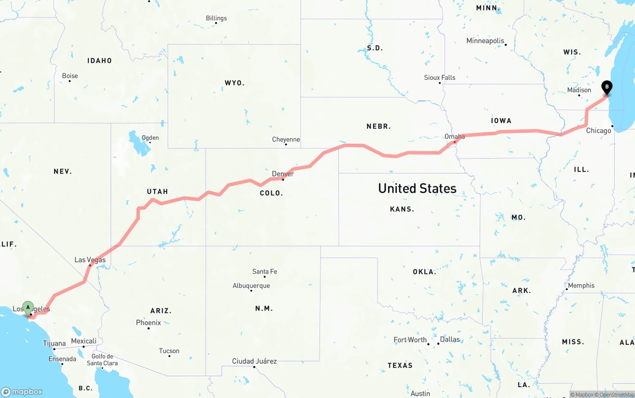 Shipping route from Los Angeles International Airport to Milwaukee