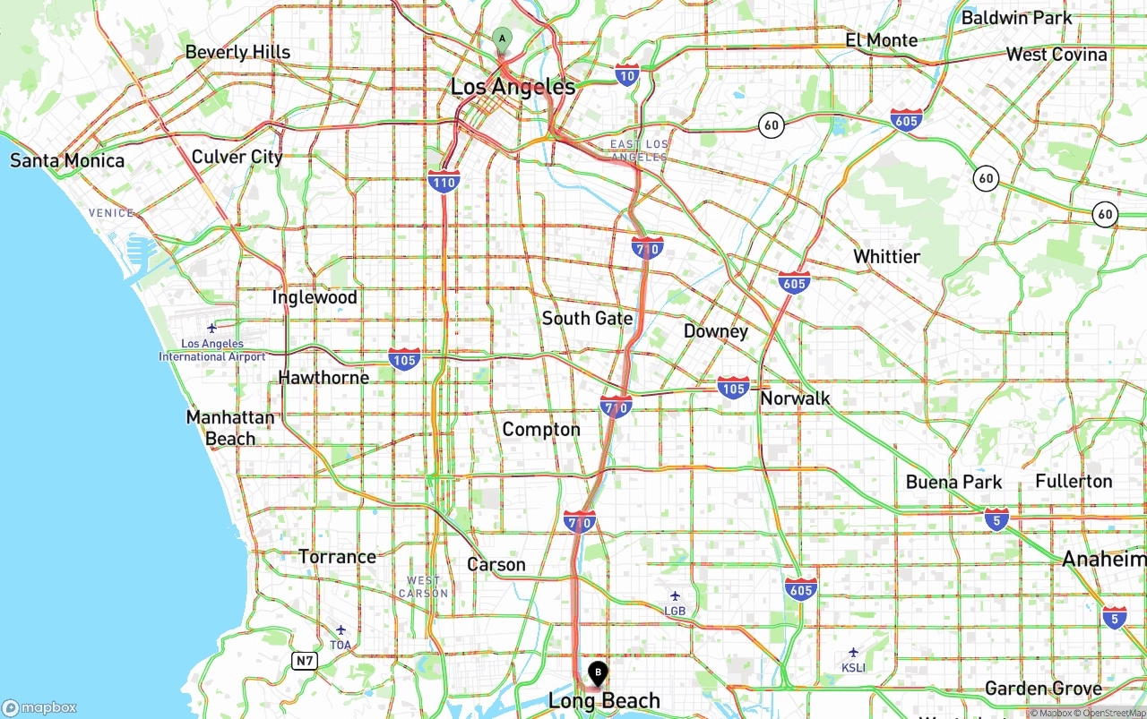 Shipping route from Los Angeles to Long Beach