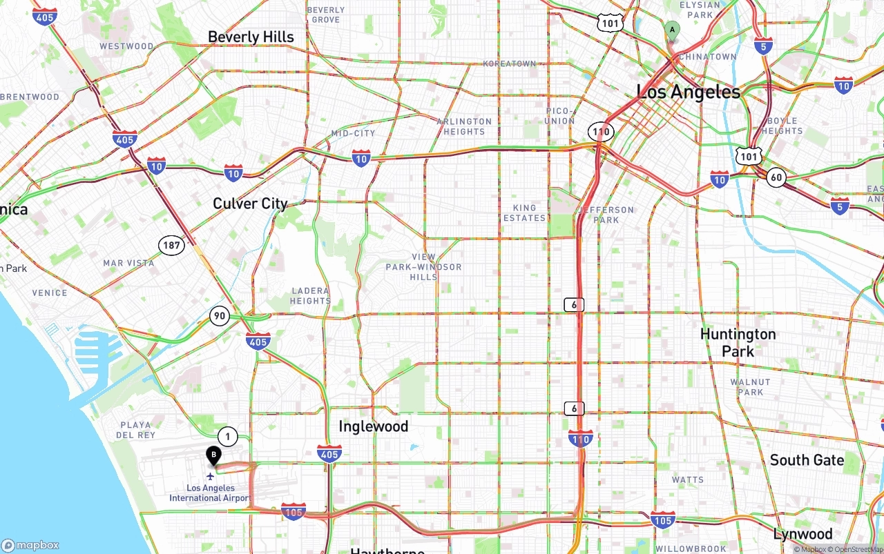 Shipping route from Los Angeles to Los Angeles International Airport