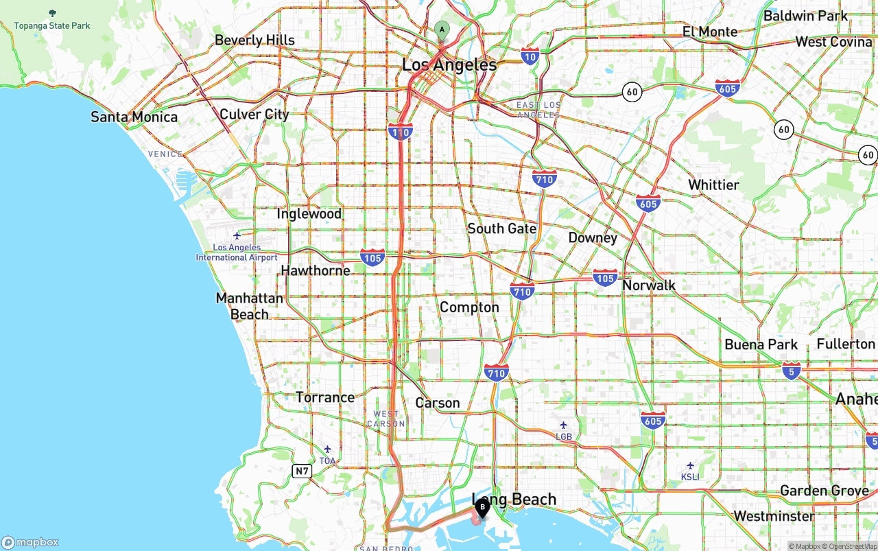 Shipping route from Los Angeles to Port of Long Beach