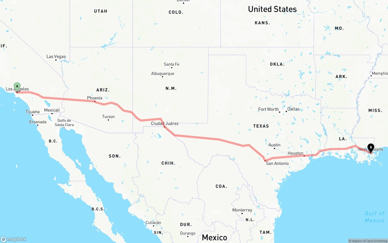 Shipping route from Los Angeles to Port of New Orleans