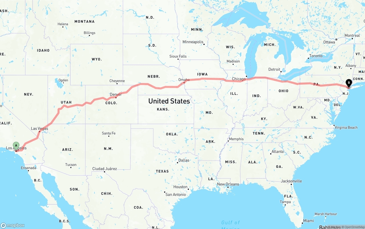 Shipping route from Los Angeles to Port of New York