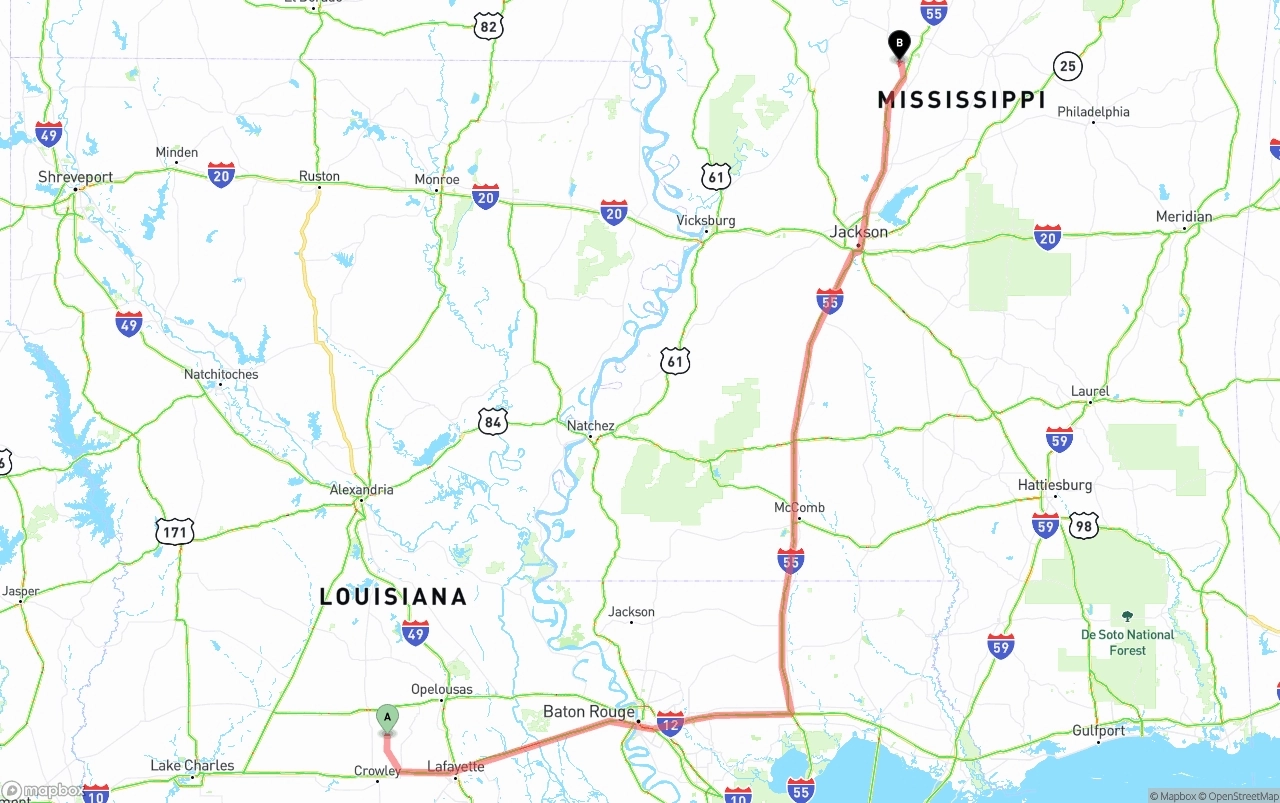 Shipping route from Louisiana to Mississippi