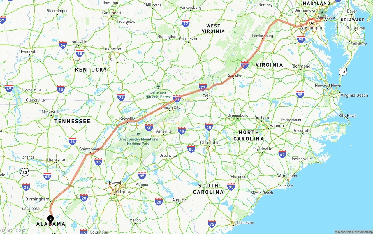 Shipping route from Maryland to Alabama