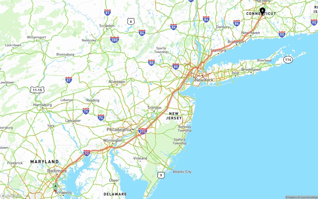 Shipping route from Maryland to Connecticut