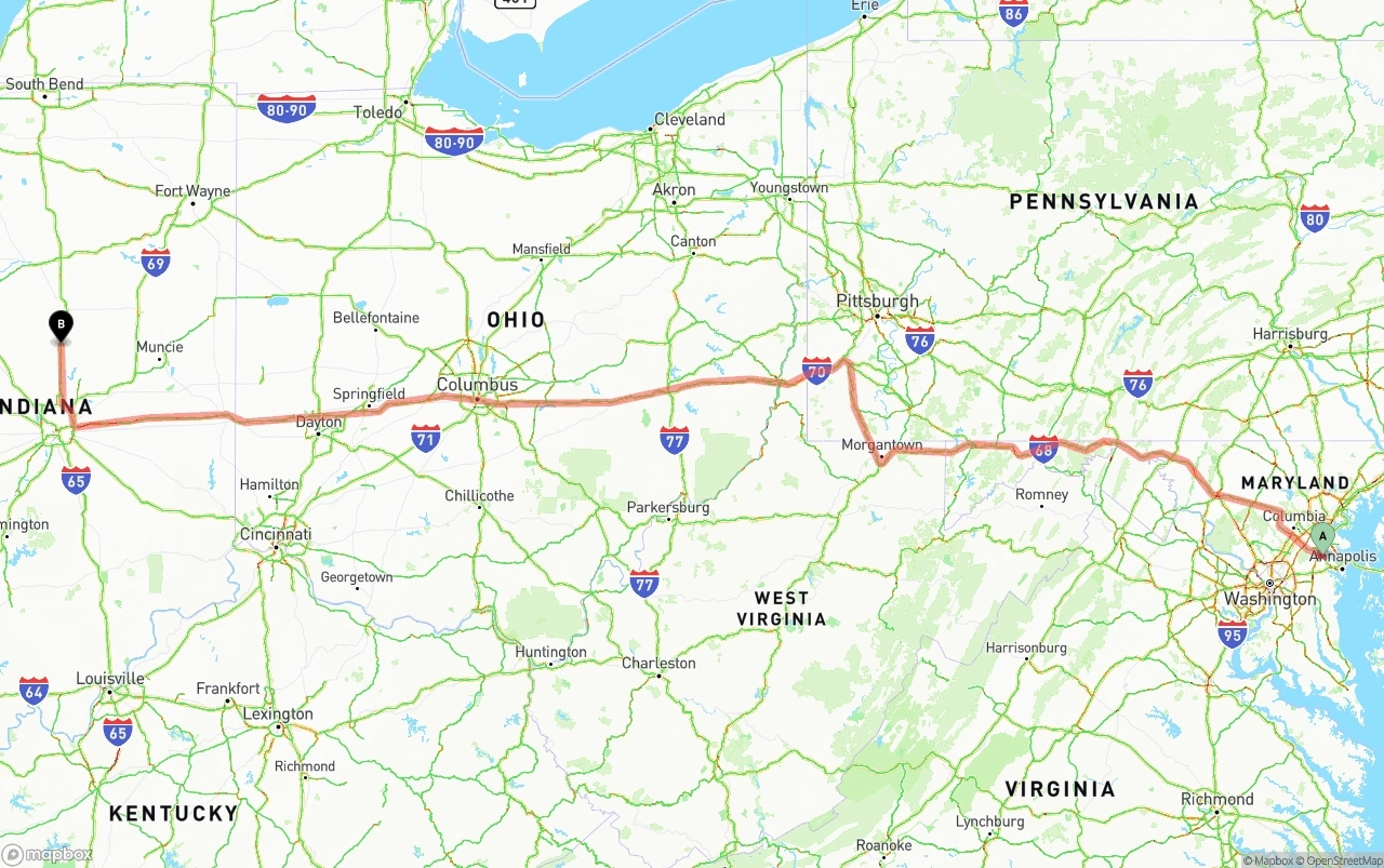 Shipping route from Maryland to Indiana