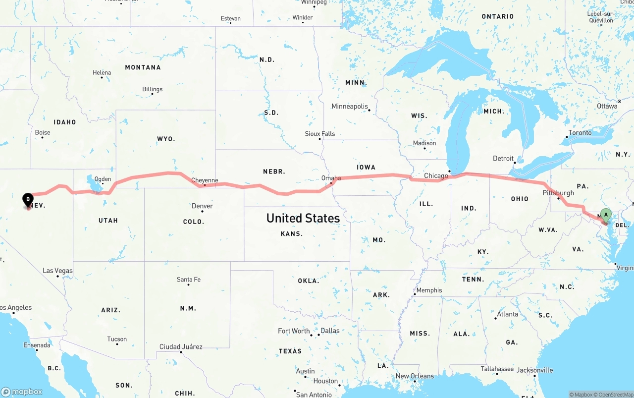 Shipping route from Maryland to Nevada