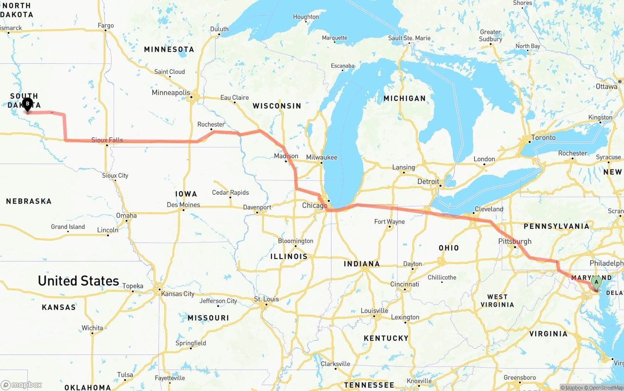 Shipping route from Maryland to South Dakota