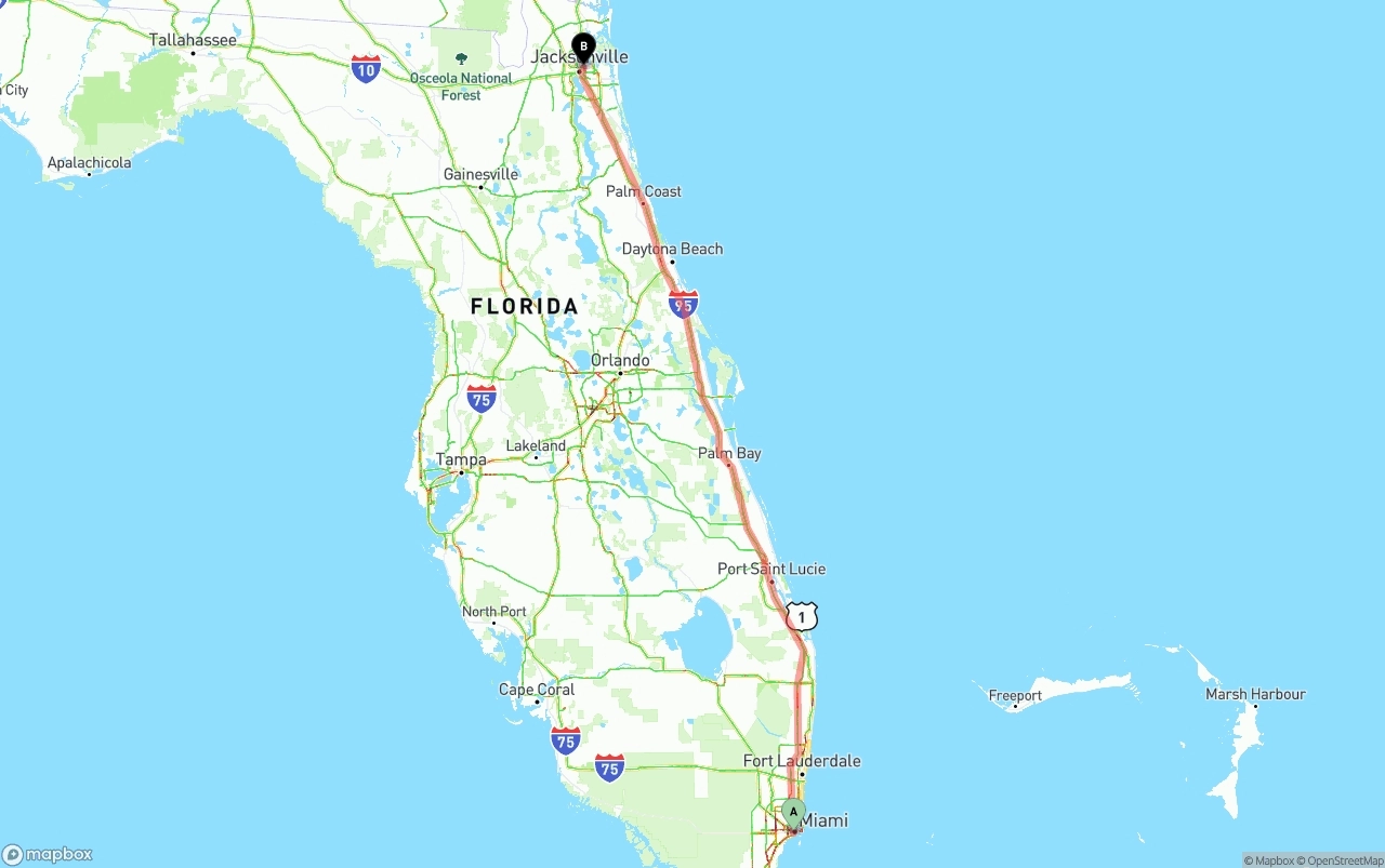 Shipping route from Miami to Port of Jacksonville