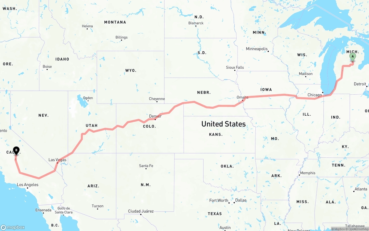Shipping route from Michigan to California