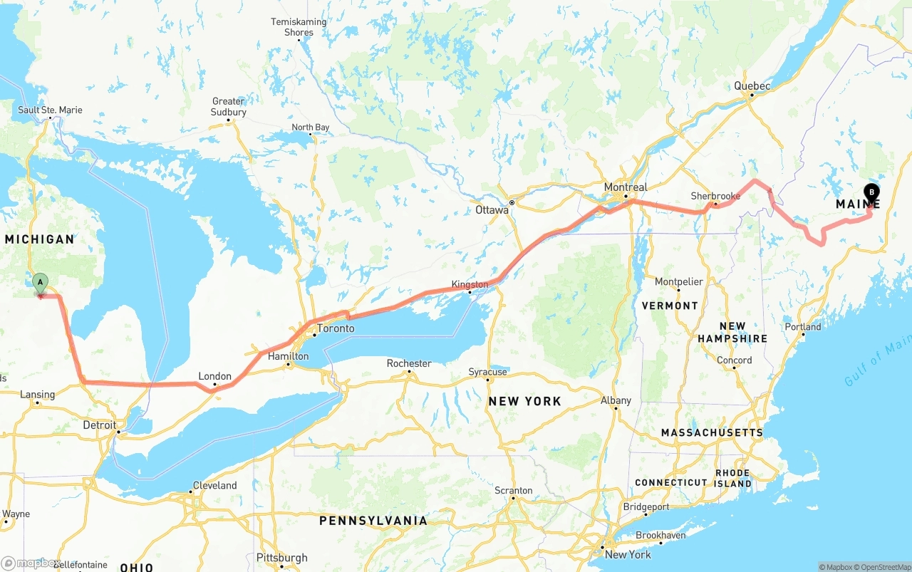 Shipping route from Michigan to Maine