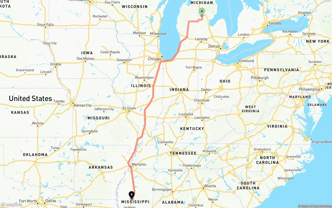 Shipping route from Michigan to Mississippi