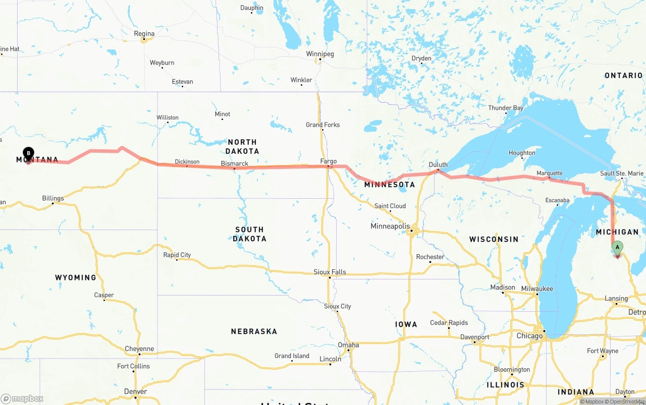 Shipping route from Michigan to Montana