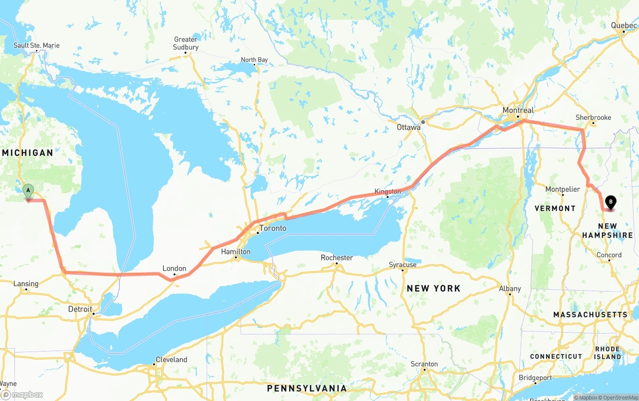 Shipping route from Michigan to New Hampshire