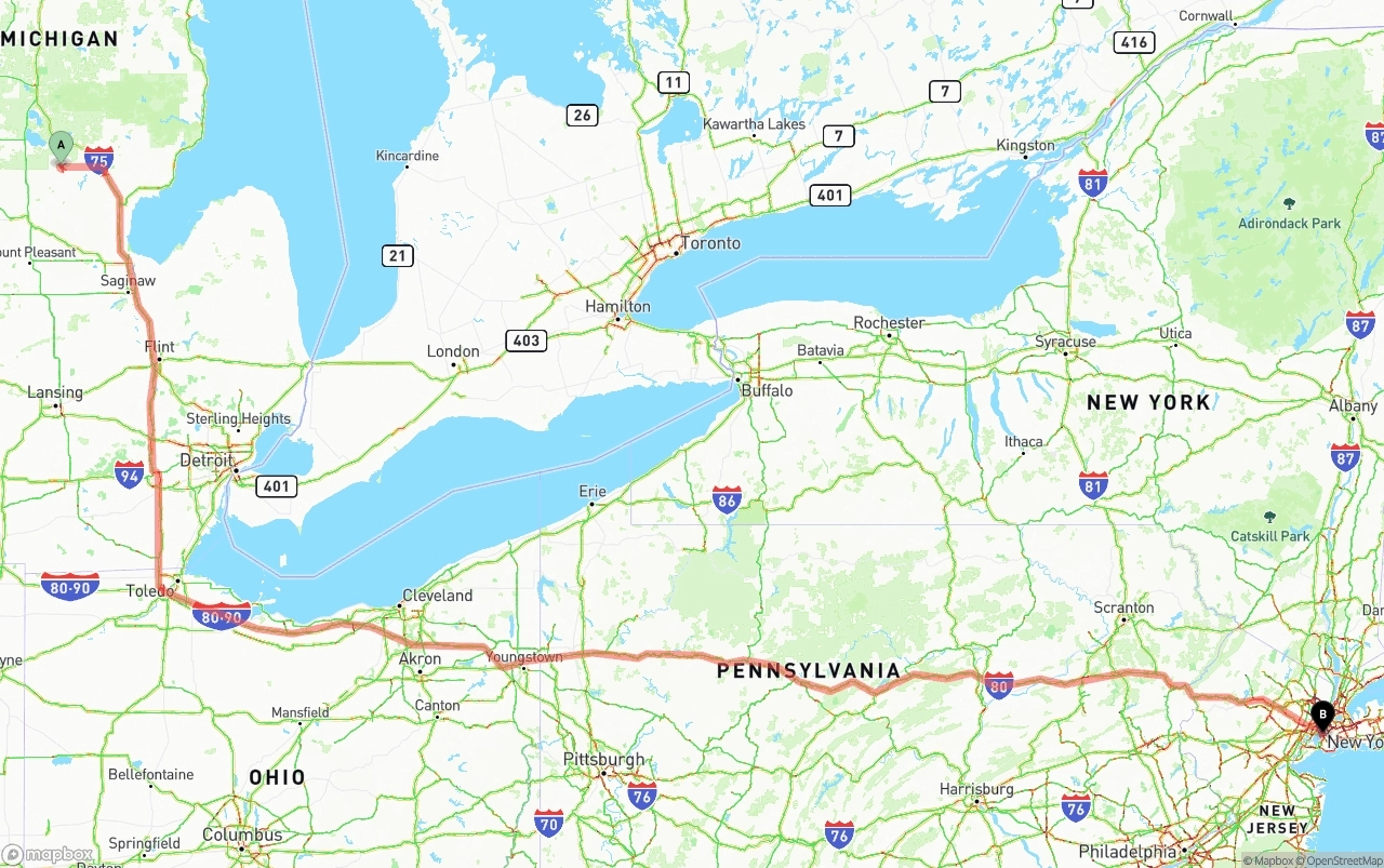 Shipping route from Michigan to Port of New York