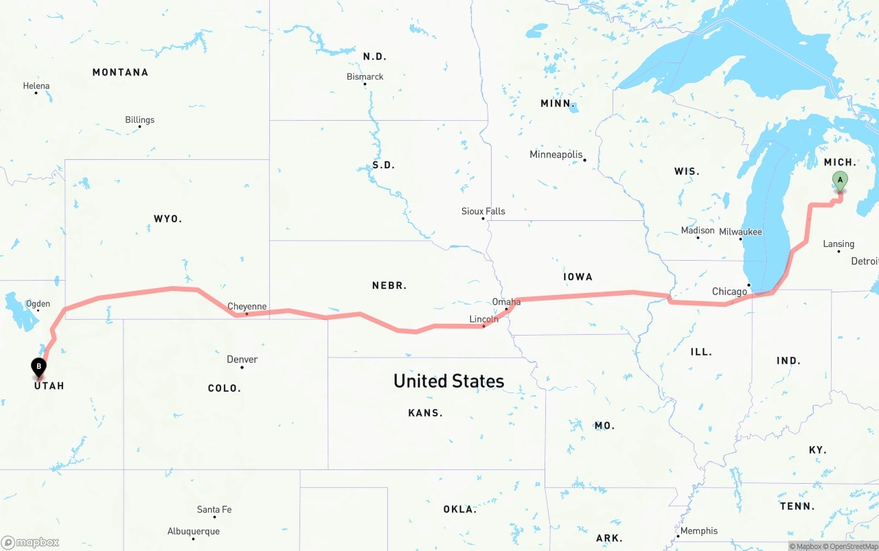 Shipping route from Michigan to Utah