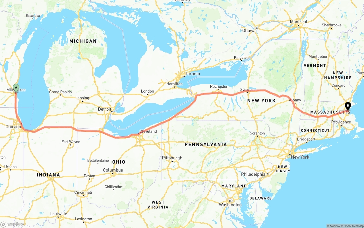 Shipping route from Milwaukee to Boston