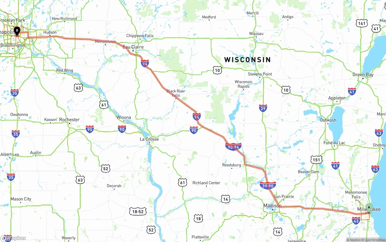 Shipping route from Milwaukee to Minneapolis
