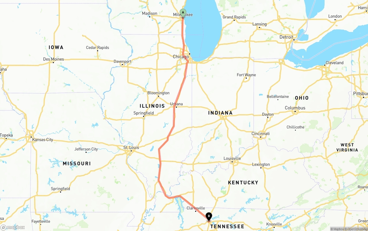 Shipping route from Milwaukee to Nashville