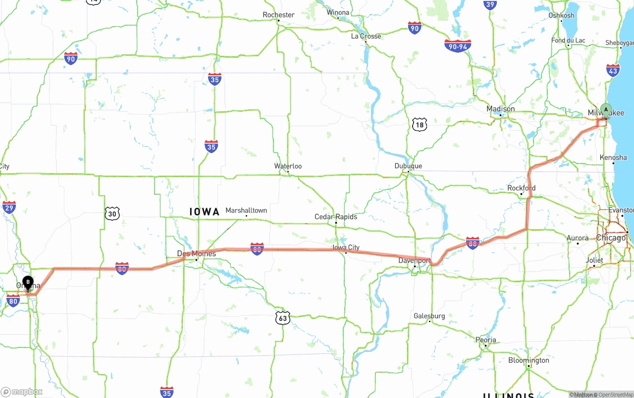 Shipping route from Milwaukee to Omaha