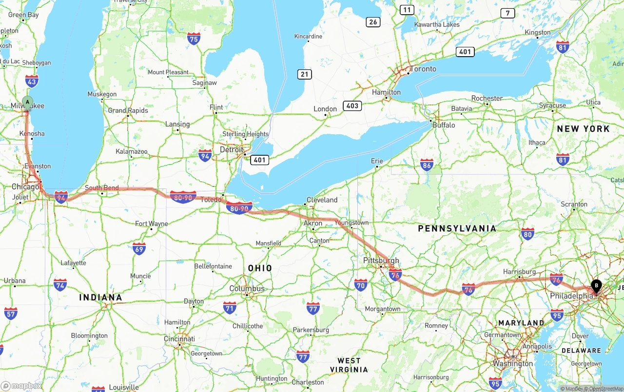 Shipping route from Milwaukee to Philadelphia