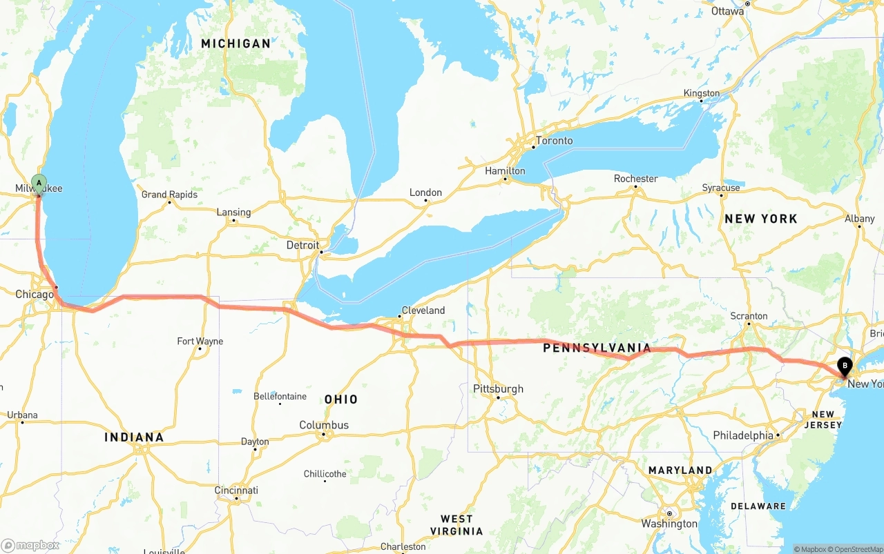 Shipping route from Milwaukee to Port of New York
