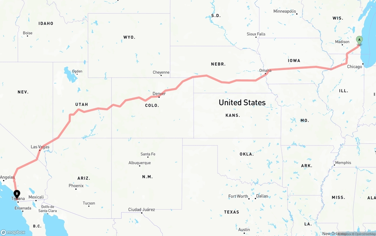 Shipping route from Milwaukee to San Diego