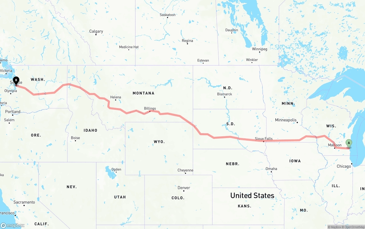 Shipping route from Milwaukee to Seattle