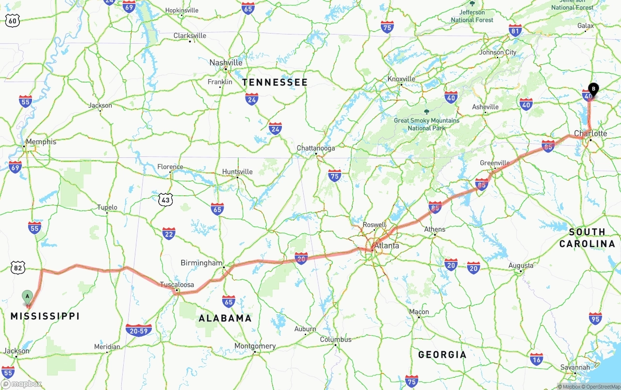 Shipping route from Mississippi to North Carolina