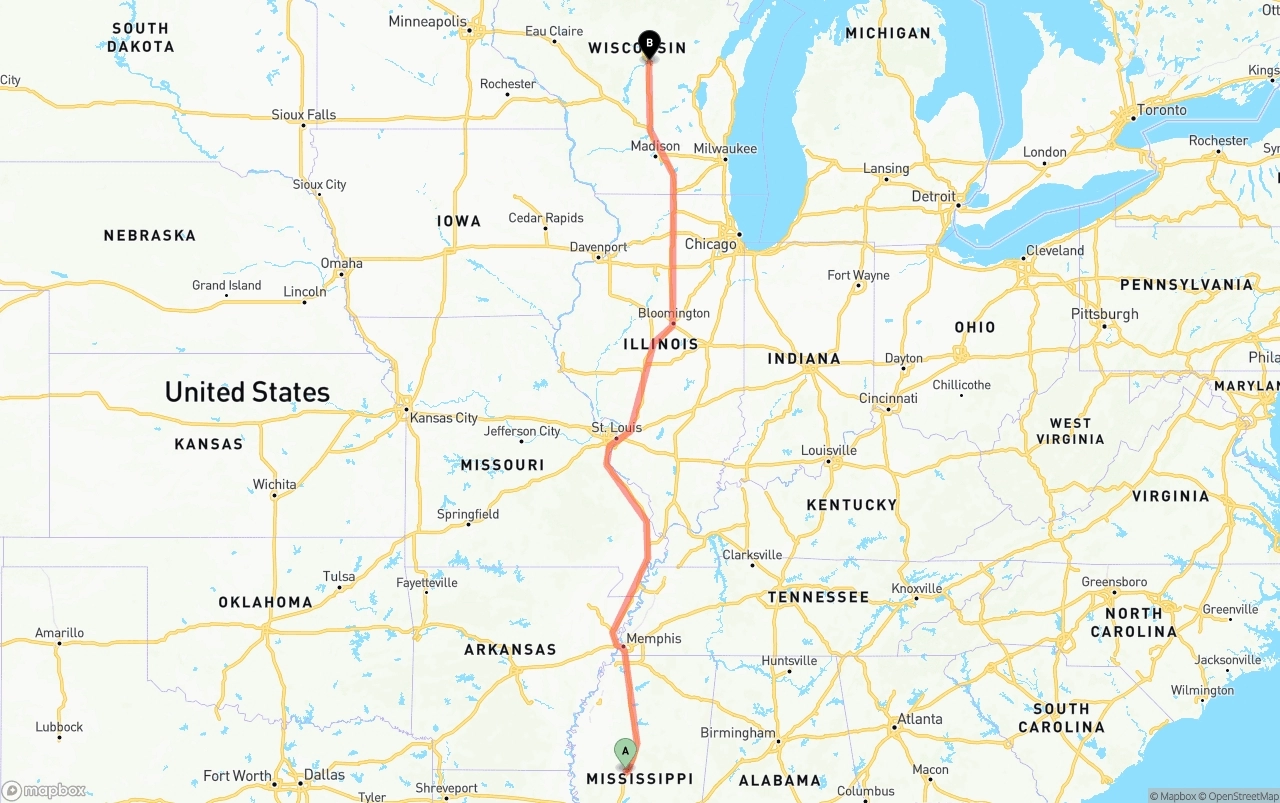 Shipping route from Mississippi to Wisconsin