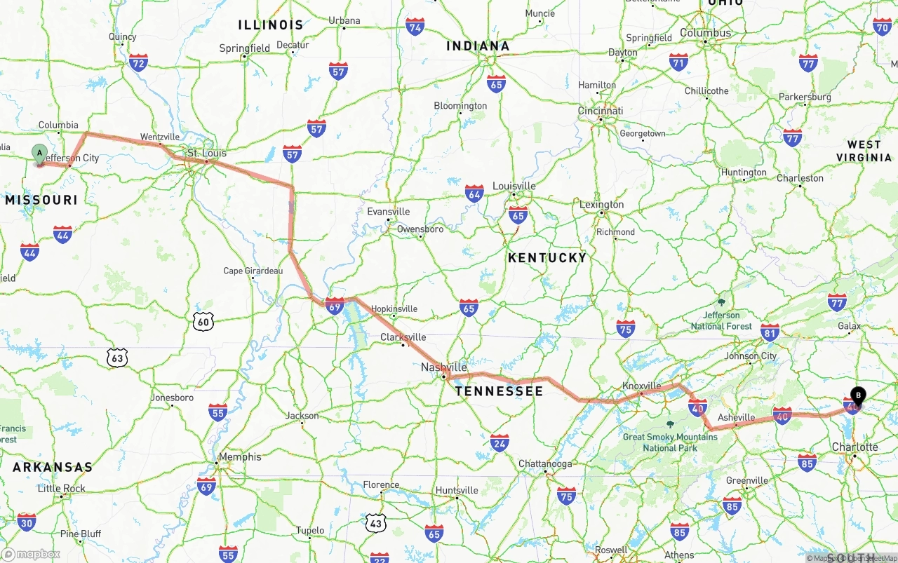 Shipping route from Missouri to North Carolina