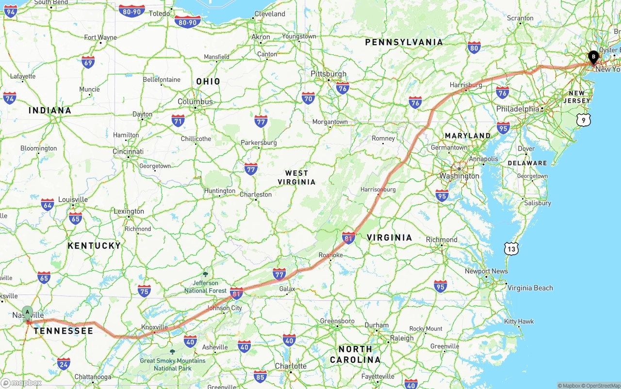 Shipping route from Nashville to Port of New York