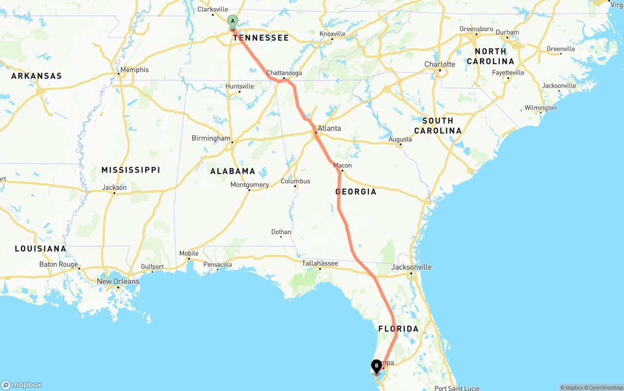 Shipping route from Nashville to St. Petersburg